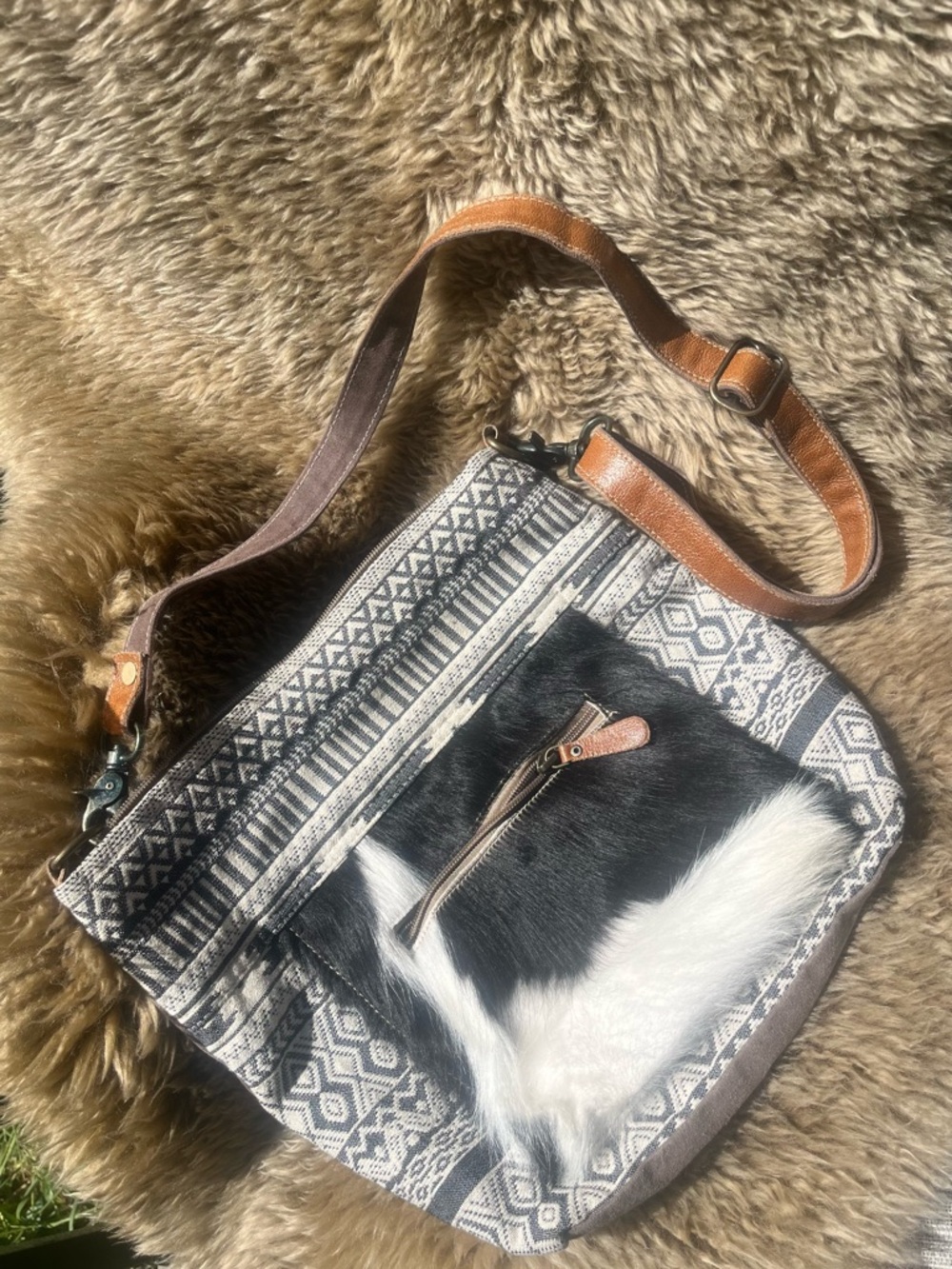 Myra bag Neutral Black & White Aztec Crossbody Tote with Leather Strap